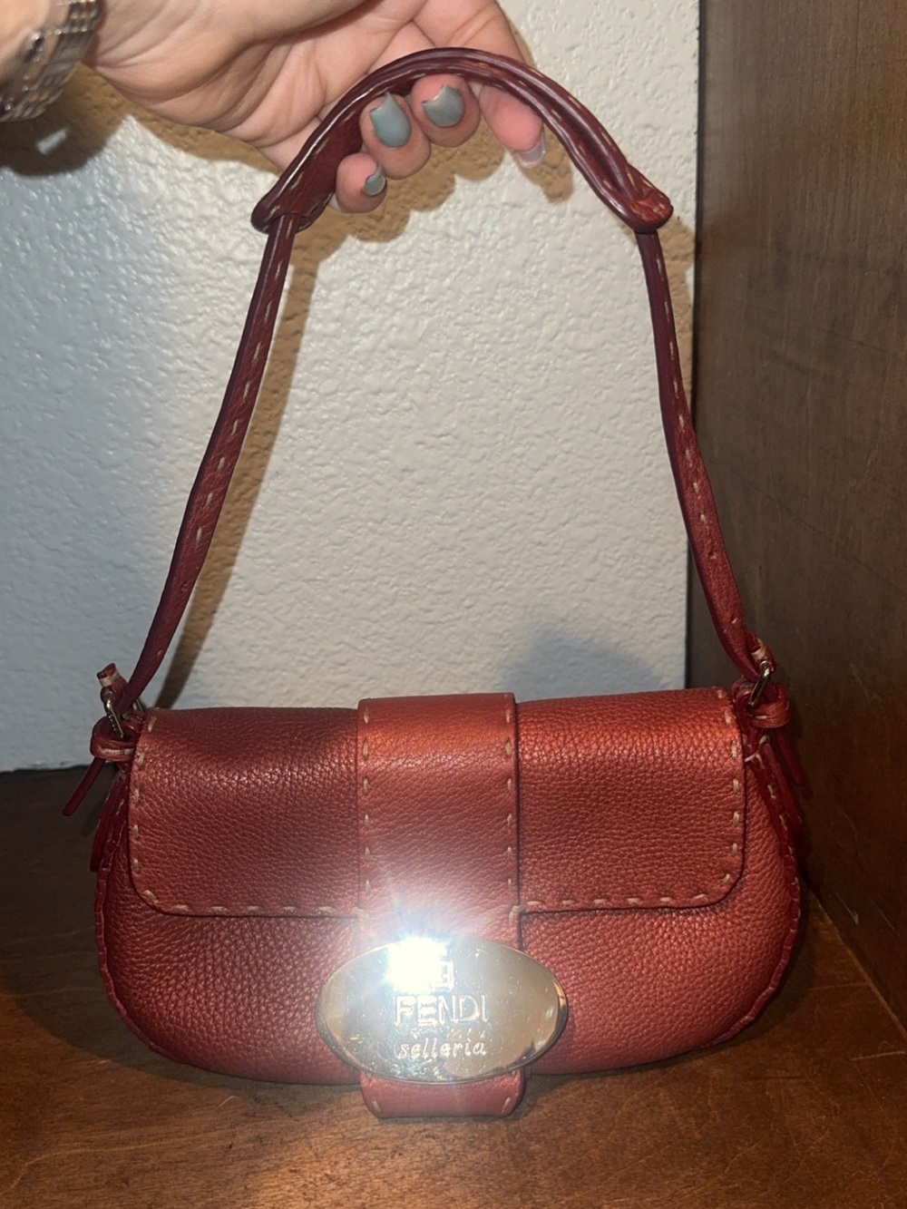 Fendi Selleria Small Leather Shoulder Bag in Brick Red/metallic